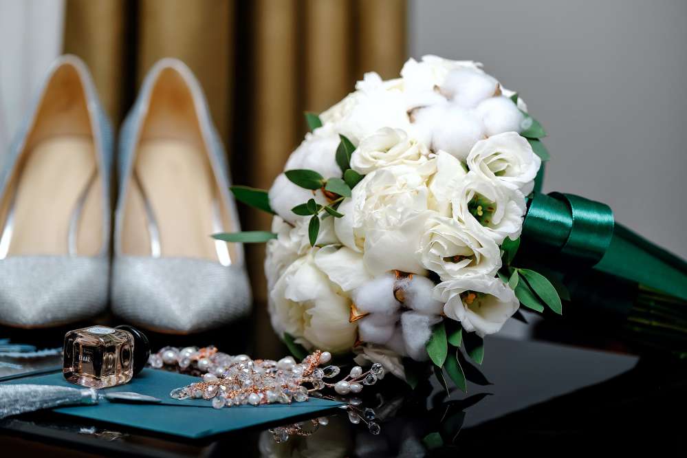 beautiful white flowers with silver shoes